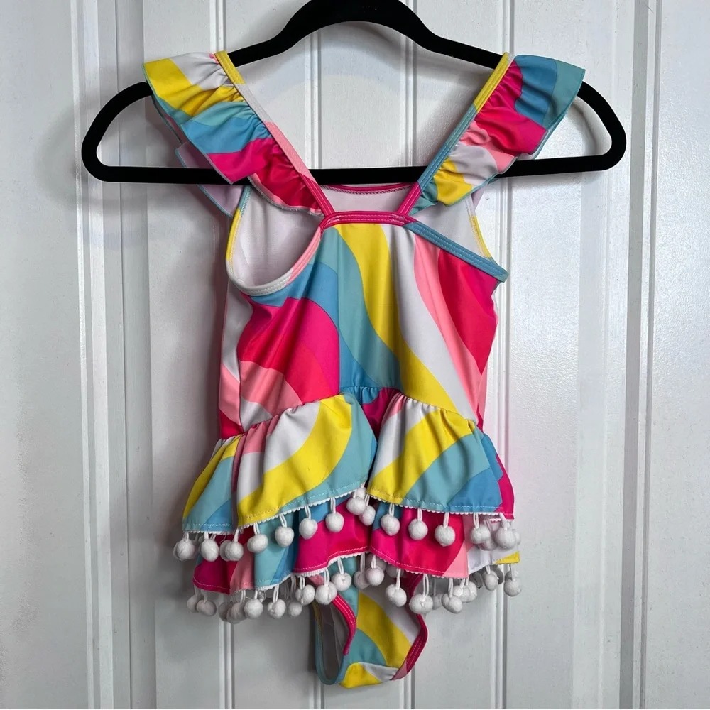 Betsy Johnson Girls ‘Sun Kissed’ Colorful Swimsuit with Pom Pom Trim. Size‎ 7/8